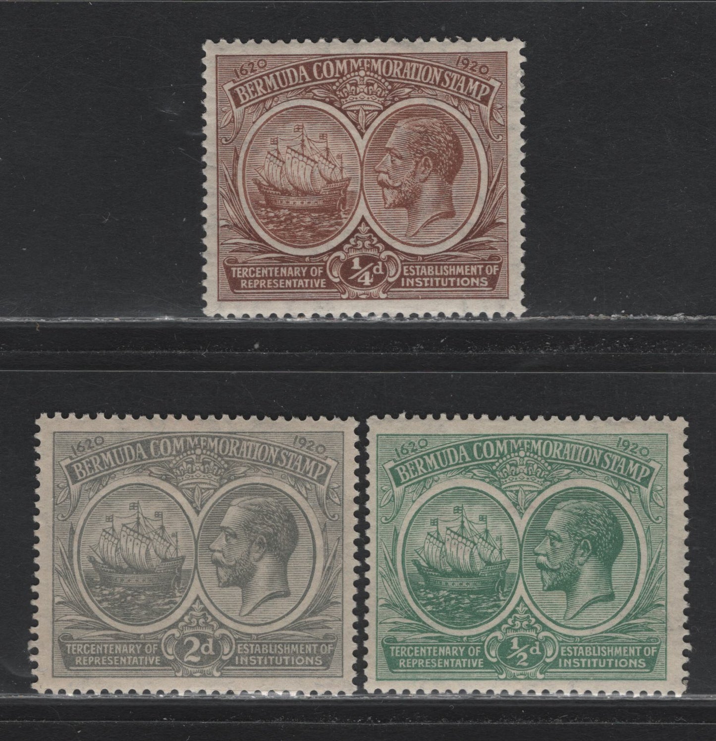 Lot 274 Bermuda SG#59-61 1/4d-2d Brown-Grey King George V & Badge of The Colony, 1920-1921 Tercentenary Of Representative Institutions, 3 Fine OG & VFOG Singles Wmk Multiple Crown CA