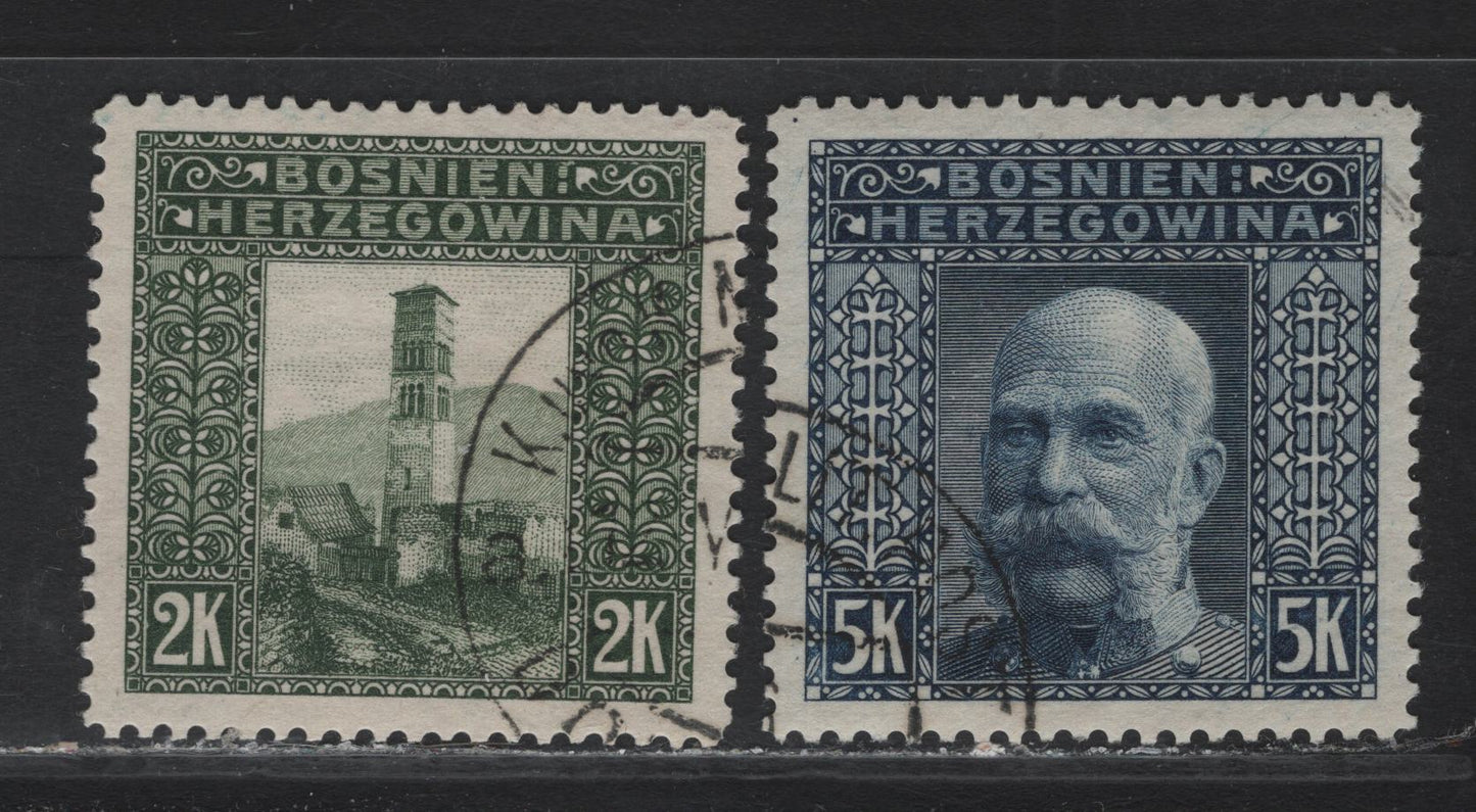 Lot 278 Bosnia & Herzegovina SC#44-45 2k-5k Grey Green & Dull Blue St. Luke's Campanile & Franz Joseph, 1906 Pictorial Issue, 2 VF Used Singles Perf. 12.5