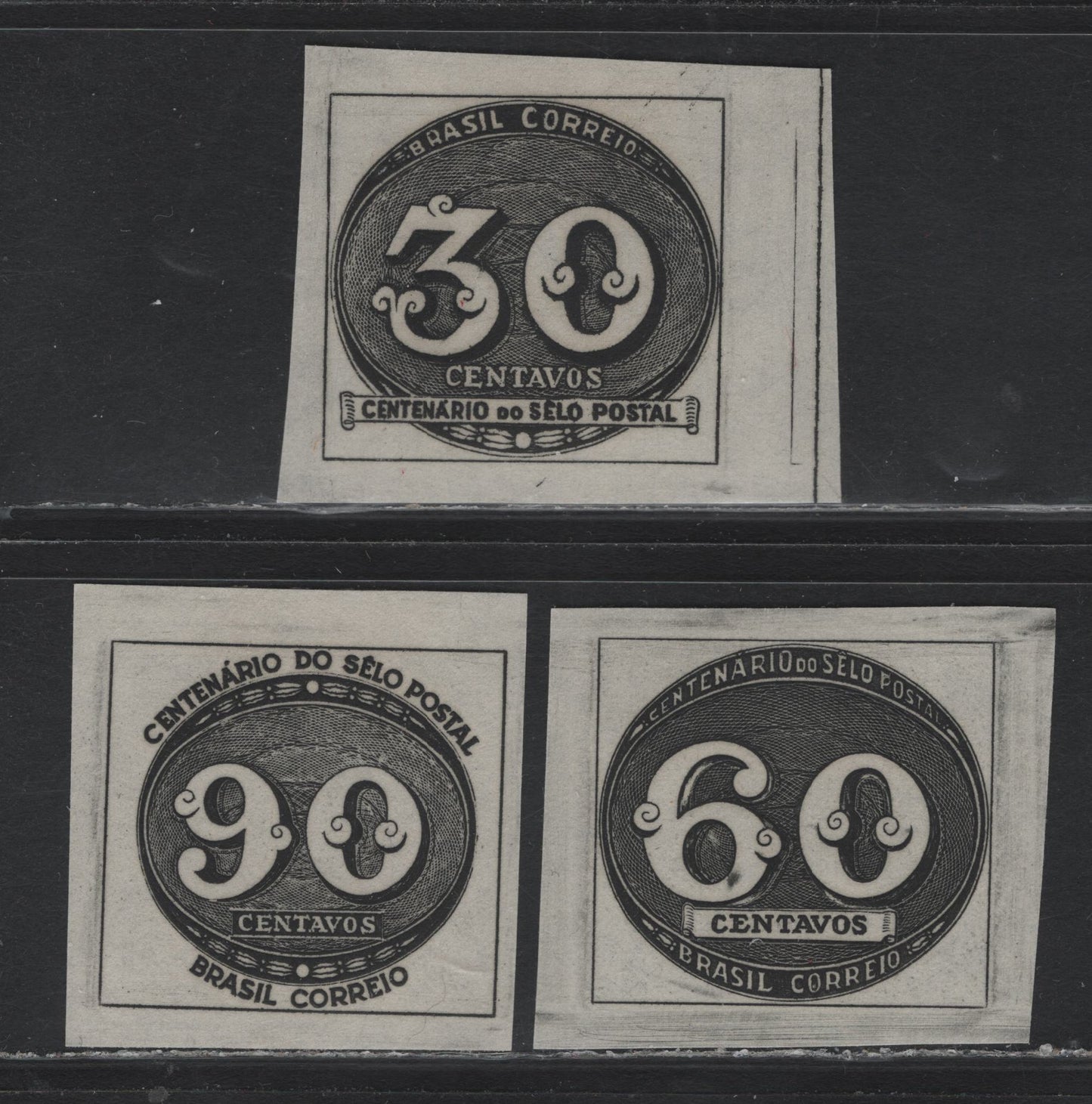 Lot 279 Brazil SC#609-611 30c-90c Black Bulls Eye, 1943 Postage Stamp Centenary, 3 VFOG Singles Sheet Singles, Wmk Correio Brasil