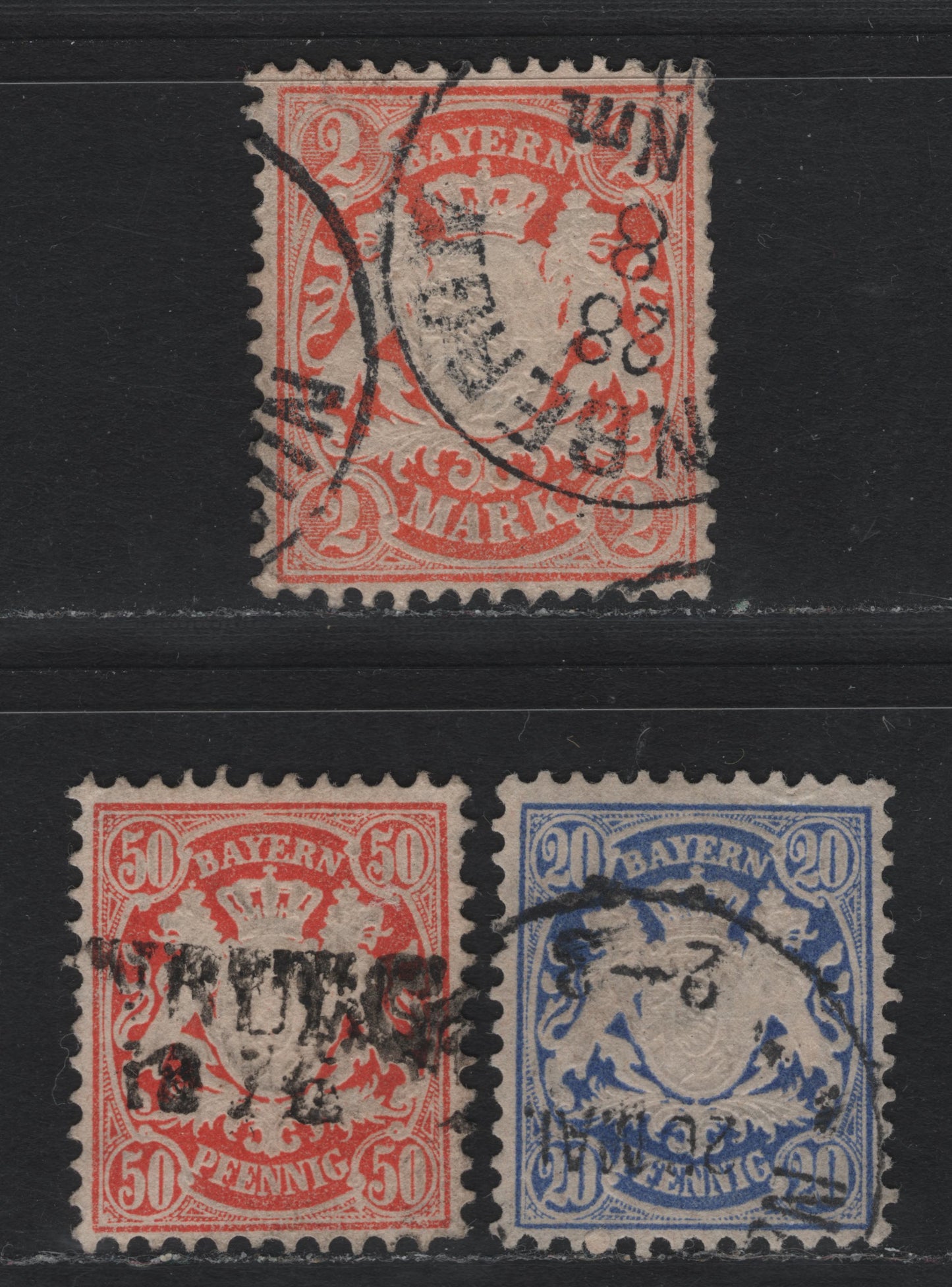 Lot 28 Bavaria SC#42, 44, 47 (Michel# 40a, 42) 20c - 2m Ultramarine - Lively Reddish Orange , 1876-1878 Embossed Arms Issue, 3 Fine/Very Fine Used Singles