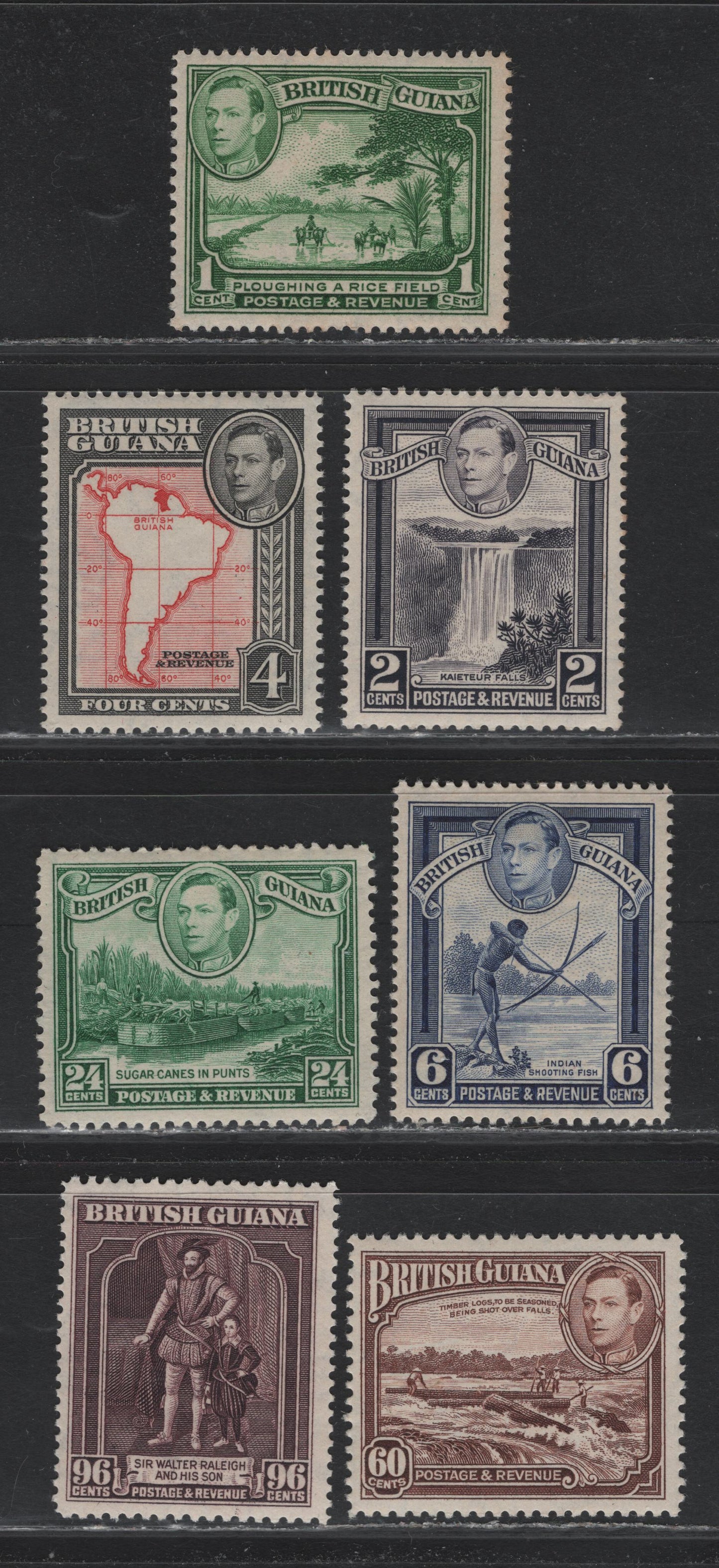 Lot 282 British Guiana SG#308b, 309a, 310b, 311b, 312, 315, 316a 1c-96c Green - Purple Ploughing Rice - Sir Walter Rakleigh, 1938-1952 King George VI Pictorial Issue, 7 Fine & VFOG Singles Various Perfs, 1944, 1949 and 1952 Printings