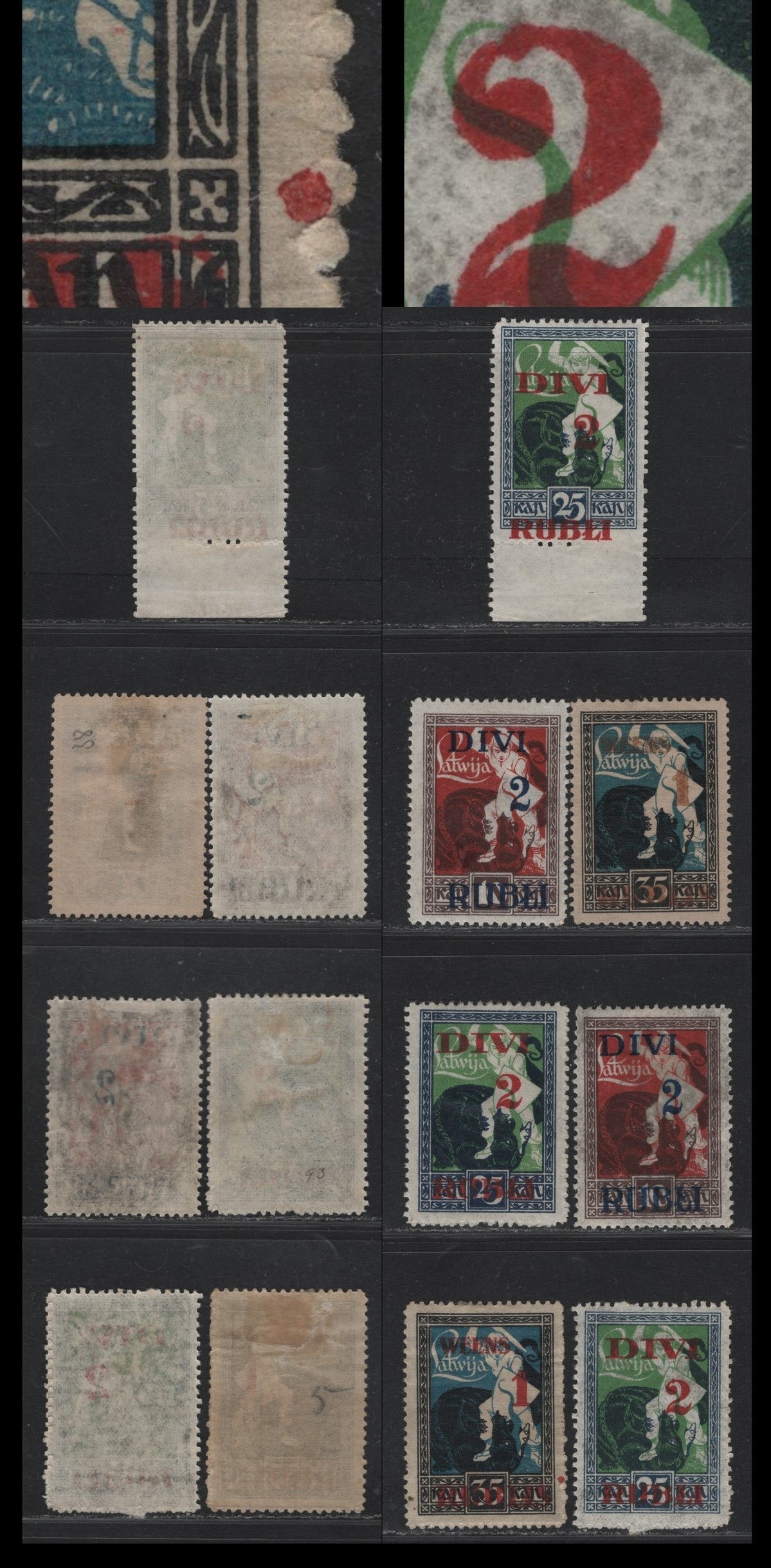 Lot 285 Latvia SC#91-93 1r on 35k - 2r on 25k Black & Blue - Indigo & Green , 1920-1921 Surcharged Issue, 7 VFOG & Unused Singles, Showing Unlisted Varieties