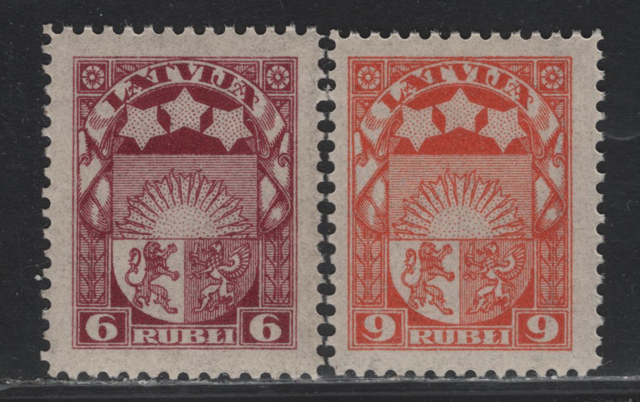 Lot 288 Latvia SC#106-107 6r - 9r Deep Claret - Orange , 1921-1922 Arms & Stars Issue, 2 F/VFNH Singles, Perf 11.5