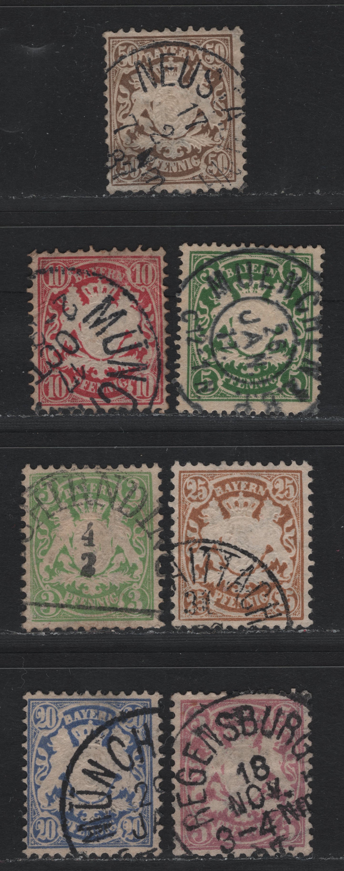 Lot 29 Bavaria Michel#48-53, 72 9Michel# 47-49b, 50-52, 75) 3pf - 50pf Green - Grayish Brown , 1881-1911 Embossed Arms Issue, 7 Fine/Very Fine Used Singles, Perfs 11.5 & 14x14.5, Wavy Vertical Lines Wmk