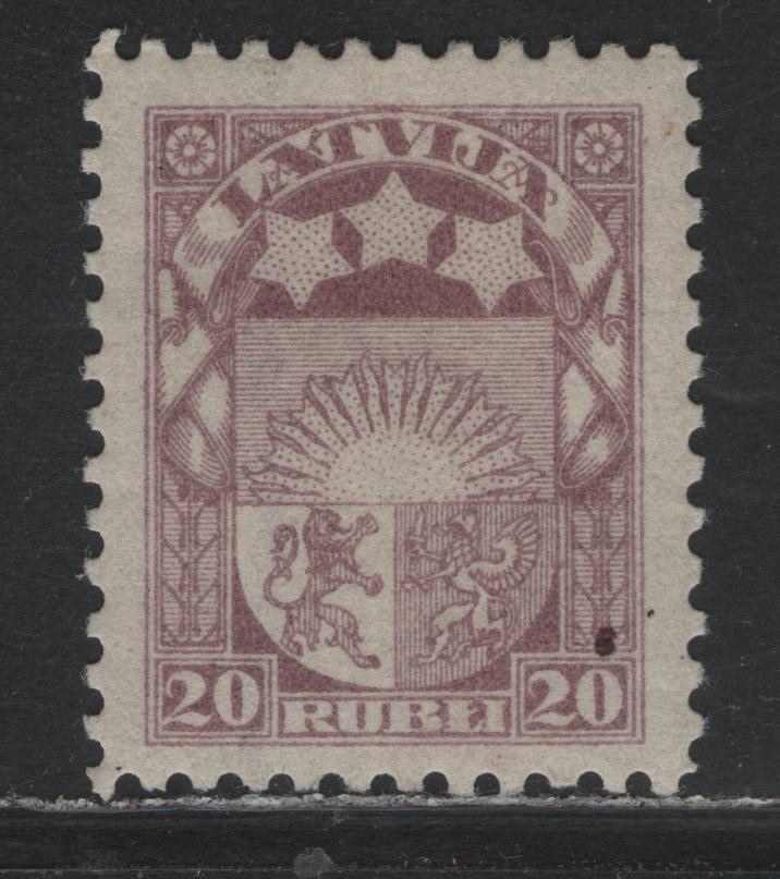 Lot 291 Latvia SC#110 20r Lilac , 1921-1922 Arms & Stars - Coat of Arms Issues, A VFOG Single, Perf 10, Natural Peper Inclusion