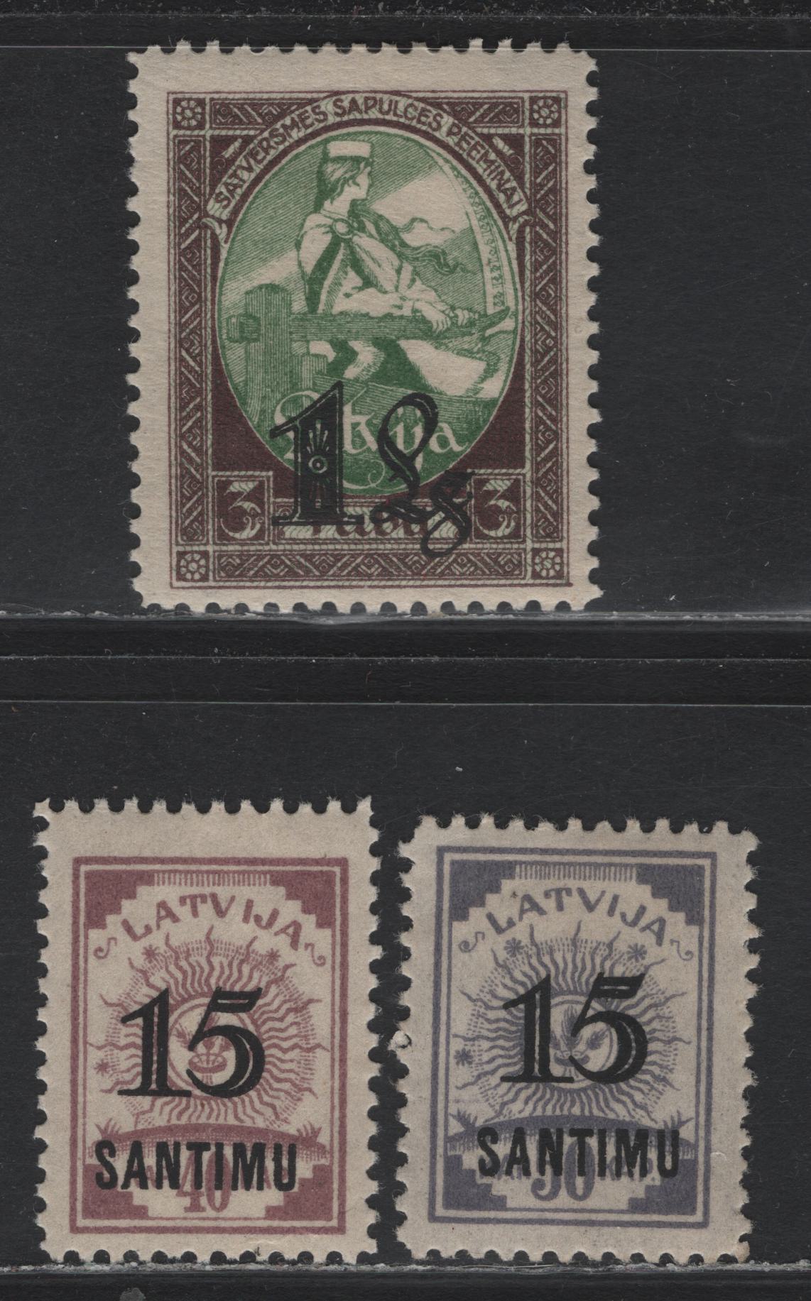 Lot 294 Latvia SC#132-134 15s on 40k - 1l on 3r Lilac - Brown & Green , 1927 Surcharged Issue, 3 FOG Singles