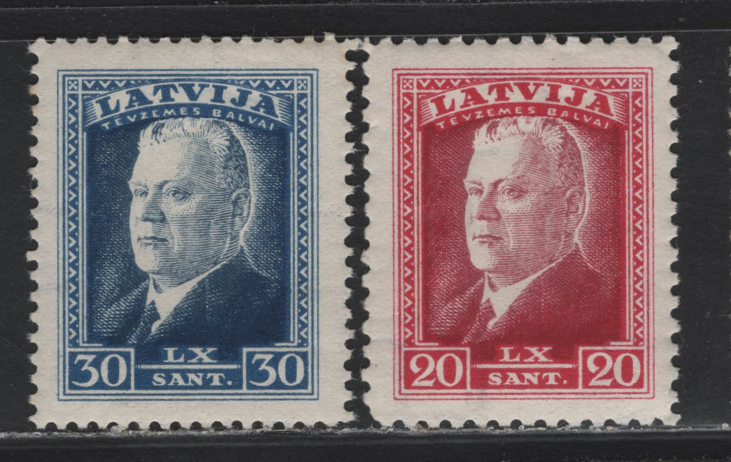 Lot 304 Latvia SC#187, 189 20s - 30s Rose Lake & Brown Lake - Dark Blue , 1937 60th Birthday of President Ulmans Issue, 2 VFNH Singles, Perfs 10 & 11.5 .
