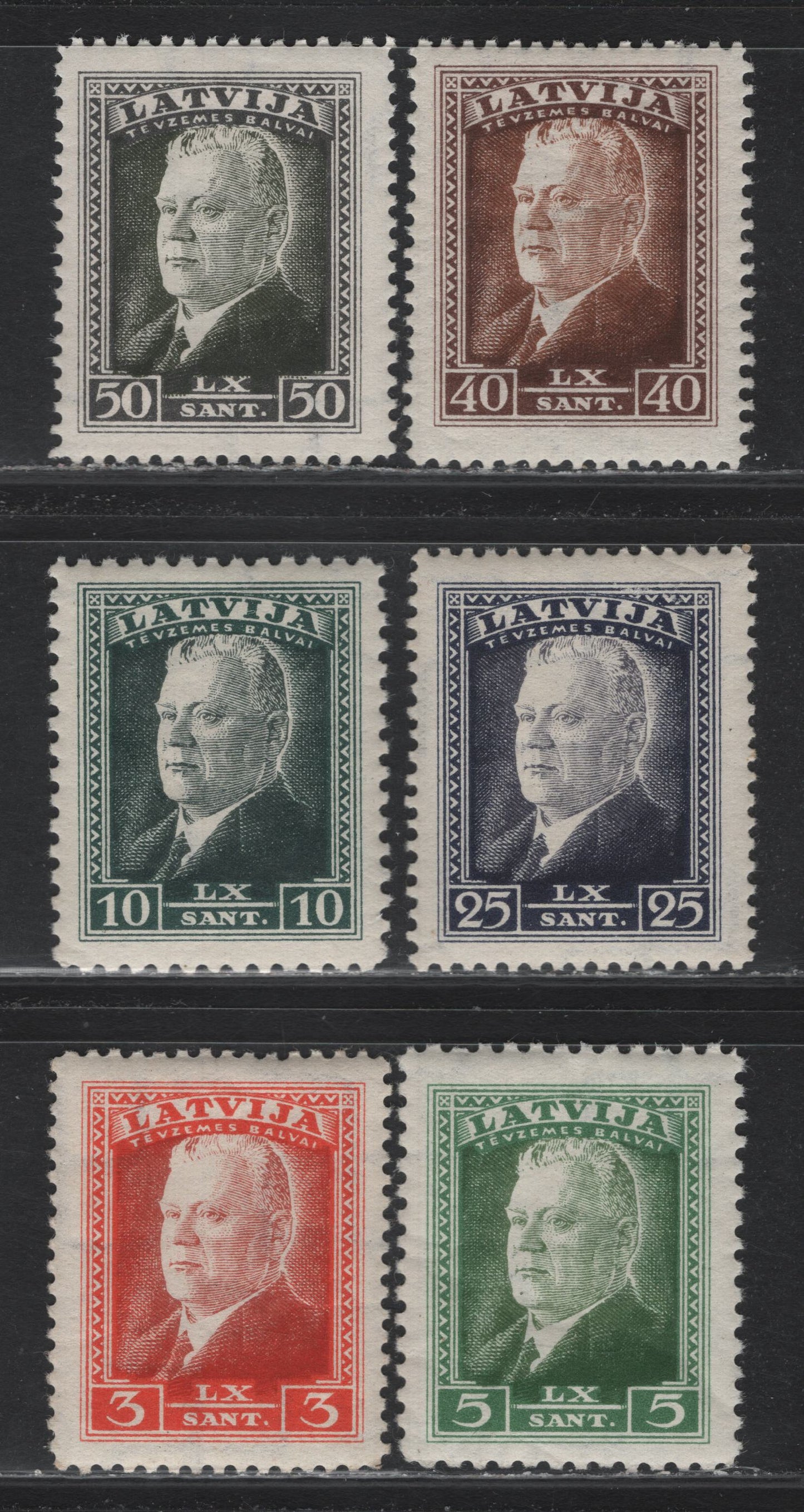 Lot 305 Latvia SC#184-186, 188, 191-192 3s - 50s Orange Red & Brown Orange - Olive Black , 1937 60th Birthday of President Ulmans Issue, 6 VFNH Singles, Perfs 10 (5s & 10s) & 11.5 (Rest)
