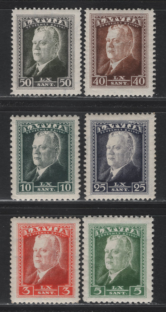 Lot 305 Latvia SC#184-186, 188, 191-192 3s - 50s Orange Red & Brown Orange - Olive Black , 1937 60th Birthday of President Ulmans Issue, 6 VFNH Singles, Perfs 10 (5s & 10s) & 11.5 (Rest)