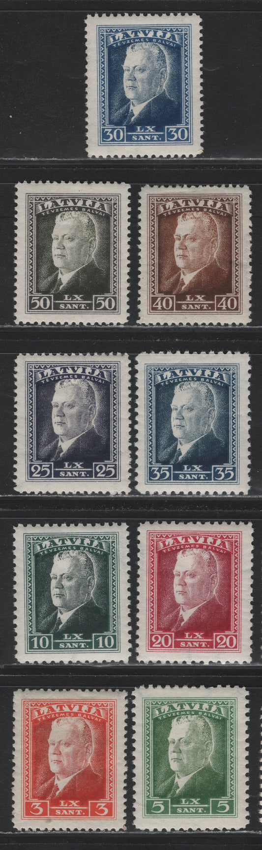 Lot 306 Latvia SC#184-192 3s - 50s Orange Red & Brown Orange - Olive Black , 1937 60th Birthday of President Ulmans Issue, 9 VFOG Singles, Perf 11.5 Except 5s, 10s, 20s & 35s