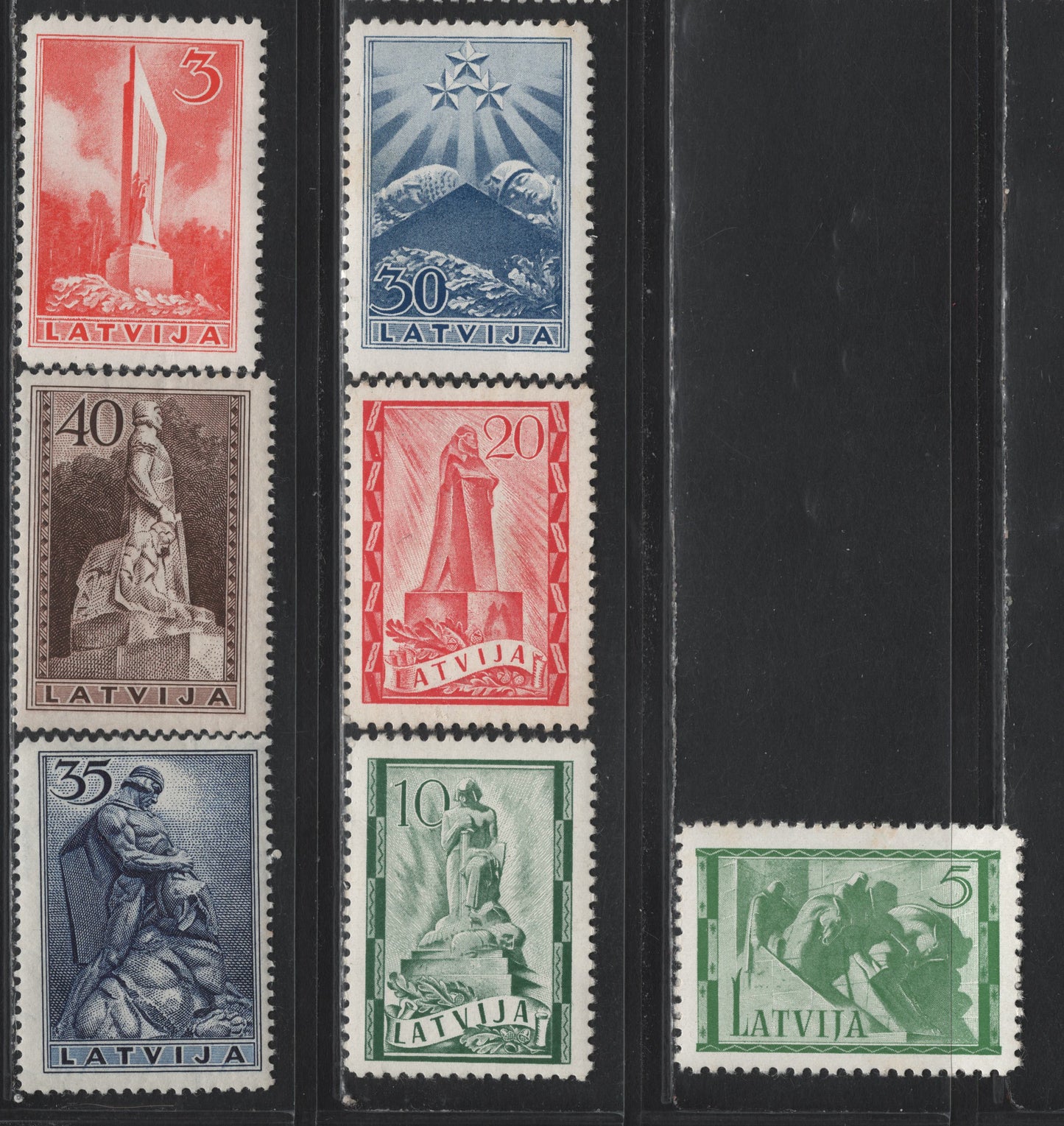 Lot 307 Latvia SC#193-199 3s - 40s Vermillion - Brown , 1937 Independence Issue, 7 F/VFNH Singles