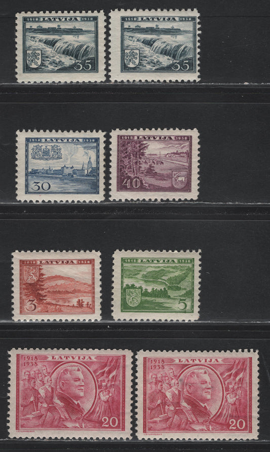 Lot 310 Latvia SC#200-201, 203-206 3s - 40s Brown Orange - Rose Violet , 1938 20th Anniv of Republic, 6 F/VFNH Singles, Perfs 10 (35s, 3s, 20s) & 10.5x10 (5s, 20s, 30s, 35s, 40s)