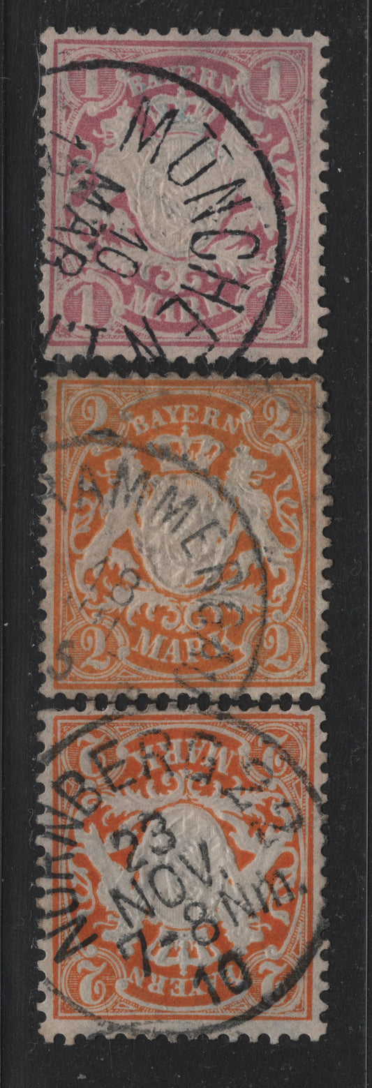 Lot 31 Bavaria SC#54-55 (Michel# 53Ya, 64y) 1m Rose Lilac - Reddish Orange & Yellow Orange , 1881-1911 Embossed Arms Issue, 3 Fine/Very Fine Used Singles, Wavy Vertical Lines Wmk