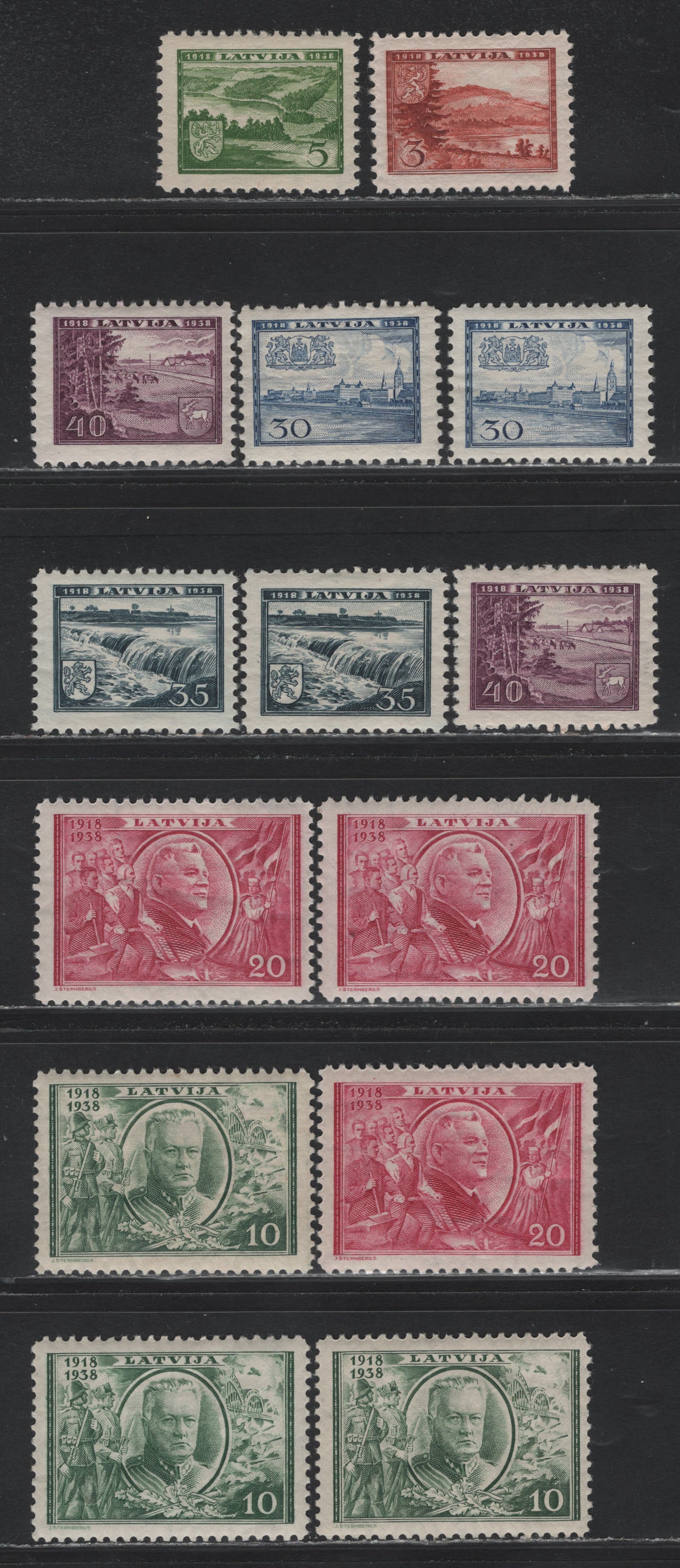 Lot 311 Latvia SC#200-206 3s - 40s Brown Orange - Rose Violet , 1938 20th Anniv of Republic, 7 F/VFOG Singles, Shade Variations, Perfs 10 & 10.5x10