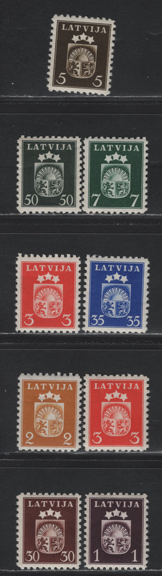 Lot 315 Latvia SC#217/228 1c - 50s Dark Violet Brown - Dark Slate Green , 1940 Arms Issue, 9 VFNH Singles, Partial Short Set, Includes 2 Shades Of 3s