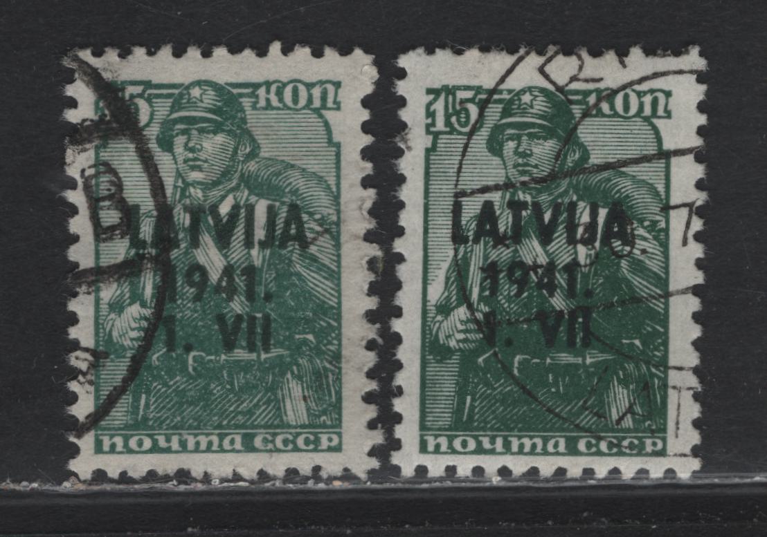 Lot 317 Latvia SC#1N16 15k Dull Bluish Green & Deep Dull Bluish Green , 1941 German Occupation Overprinted Russian Worker Definitives, 2 Very Fine Used Singles