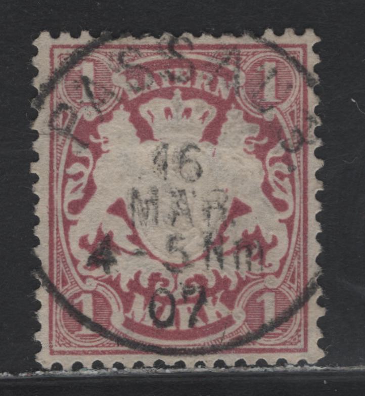 Lot 32 Bavaria Michel#53Yb (SC# 54c) 1m Brownish Lilac , 1881-1911 Embossed Arms Issue, A Very Fine Used Single, White Paper, March 16 1907 Passaub CDS