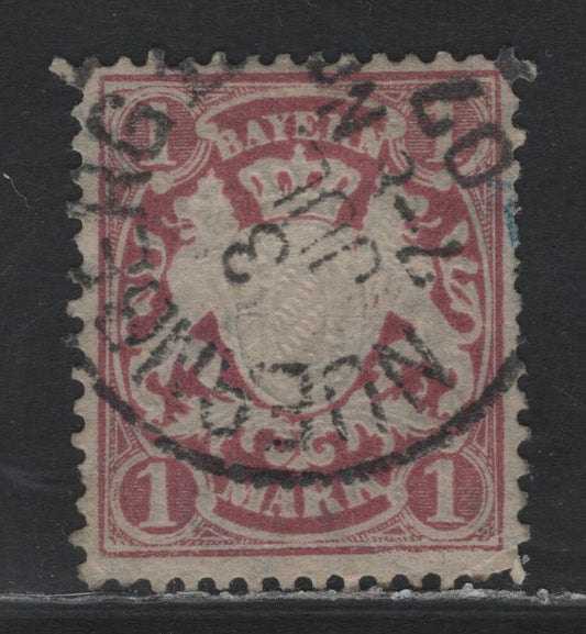 Lot 33 Bavaria Michel#53Yb (SC# 54c) 1m Brownish Lilac , 1881-1911 Embossed Arms Issue, A Very Good Used Single, White Paper, July 3 1907 Nuremburg CDS, Small Corner Crease At LR.
