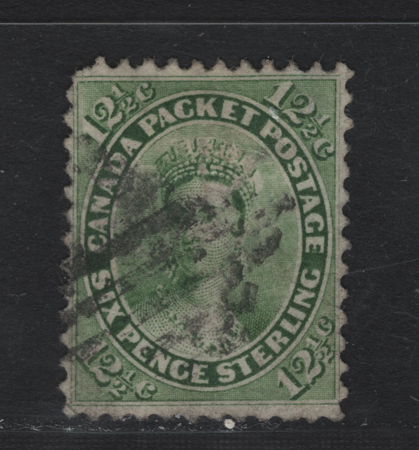 Lot 333 Canada #18 12.5c Yellow Green , 1859-1864 First Cents Issue, A Very Good Used Single, Thick Soft Wove (Cents-EEE) Paper, Perf 12x11.75, Shallow Thin At UR Visible Only In Backlight, Diamond Grid Cancel.