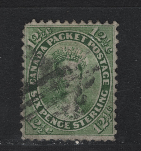 Lot 333 Canada #18 12.5c Yellow Green , 1859-1864 First Cents Issue, A Very Good Used Single, Thick Soft Wove (Cents-EEE) Paper, Perf 12x11.75, Shallow Thin At UR Visible Only In Backlight, Diamond Grid Cancel.