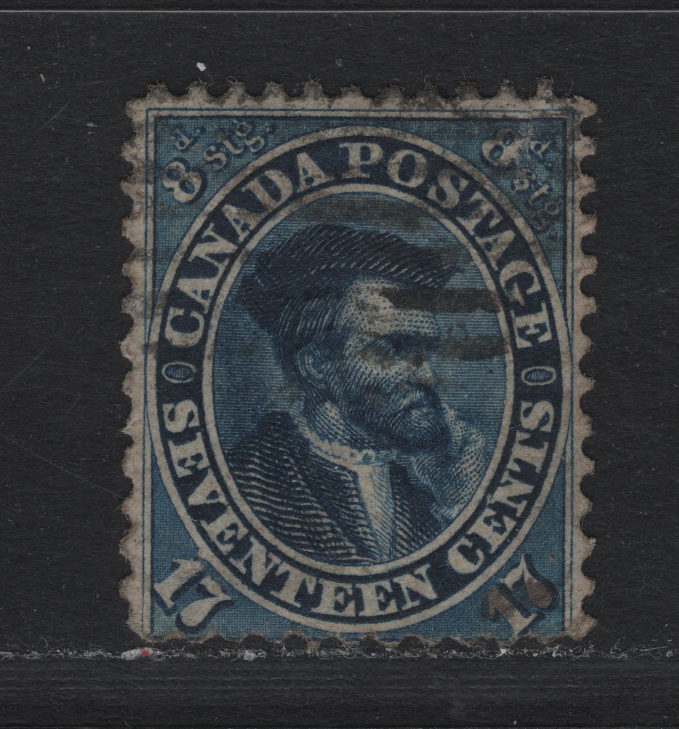 Lot 337 Canada #19 17c Blue , 1859-1864 First Cents Issue, A Fair Used Single, Cents-C Paper, Perf 12x11.75, Tear At The Top Diagonally Through UR '8d', Two Small Thin Spots On The Back.