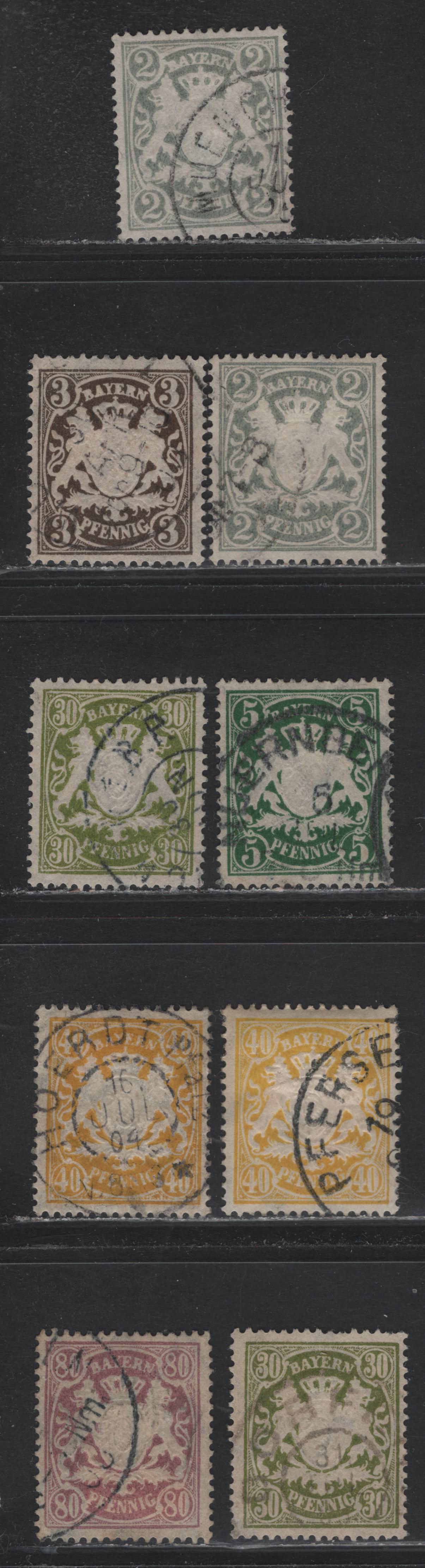 Lot 36 Bavaria SC#58, 60, 62, 67-68, 71 2pf - 80pf Gray - Lilac , 1888-1900 Embossed Arms Issue, 8 Fine/Very Fine Used Singles, Perf 14x14.5, Includes 2 Shades Each of 2pf (Gray) & 40pf (Orange Yellow & Lemon)