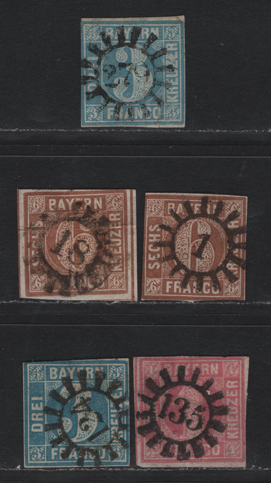 Lot 4 Bavaria SC#2, 4-5 (Michel# 2II5, 4III, 3Ia) 3kr - 1kr Pale Blue - Pink , 1849-1858 Numeral Issue, 5 Ungraded Used Singles, Plates 5, 2 & 1, Various Closed Millwheel Cancels