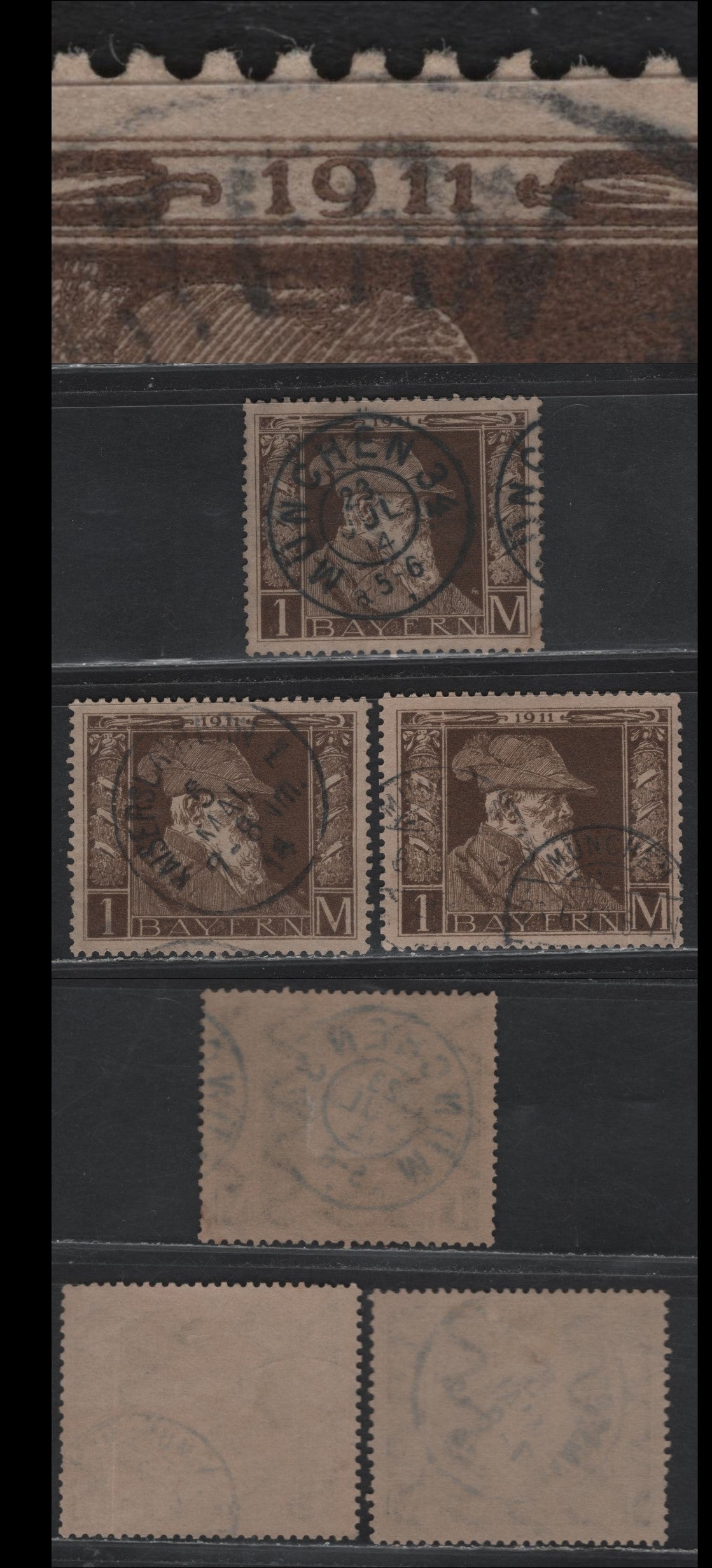 Lot 46 Bavaria SC#86 (Michel# 86II) 1m Brown on Gray Brown , 1911 Prince Regent Luitpold, 3 Very Fine Used Singles, Type 2 Has A Thick '9' With Inner Loop That Fully Connects, Full Serifs On The 1's, 3 Different Postal Cancels.