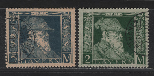 Lot 47 Bavaria SC#87, 89 (Michel# 87II, 89II) 2m - 5m Dark Green on Green - Dark Blue on Buff , 1911 Prince Regent Luitpold, 2 Very Fine Used Singles, Type II Examples, Accounting Cancels