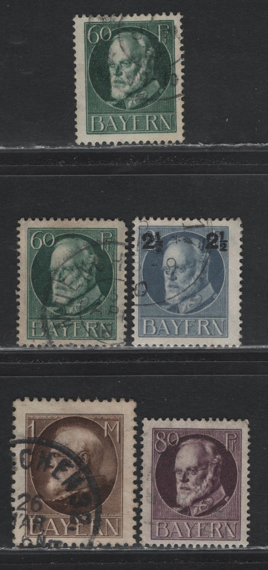 Lot 49 Bavaria SC#107-110, 115 (Michel# 102IIA-104IIA, 111A) 60pf - 2.5pf on 2pf Blue Green - Gray , 1914-1920 Prince Ludwig III Issue, 5 Fine/Very Fine Used Singles, Extra Shade Of 60pf