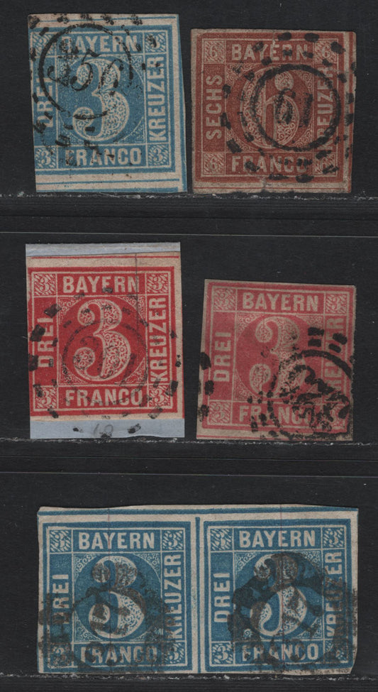 Lot 4A Bavaria SC#2, 5, 10, 10a (2II5, 4II2, 9a-b) 3kr Blue & pale Blue - Carmine , 1849-1858 Numeral Issue, 5 Ungraded Used Singles, 3kr Plate 5, 6kr Plate 2, Various Closed Millwheel Cancels