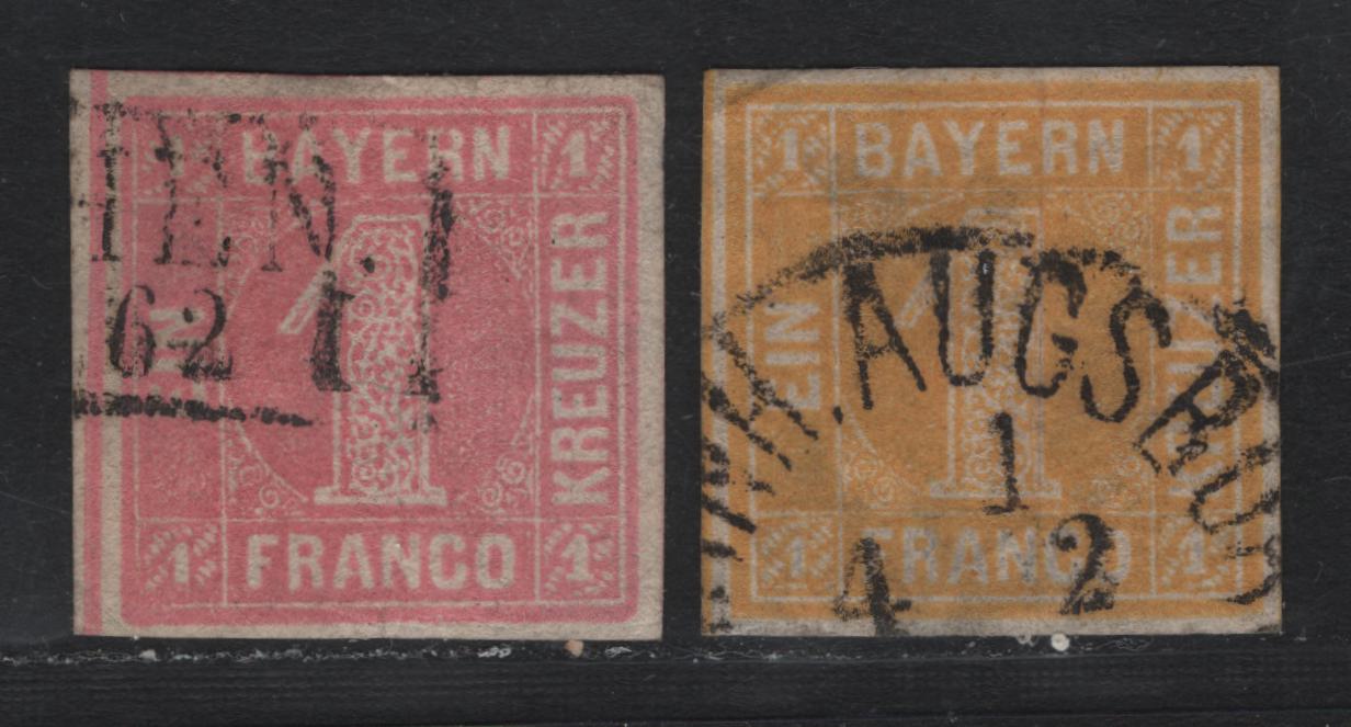 Lot 5 Bavaria SC#4, 9 (Michel# 3Ia, 8I) 1kr Light Pink - Yellow , 1850-1862 Numeral Issue, 2 Very Fine Used Singles, Plates 1 (Rounded Corners) & 2 (Square Corners)