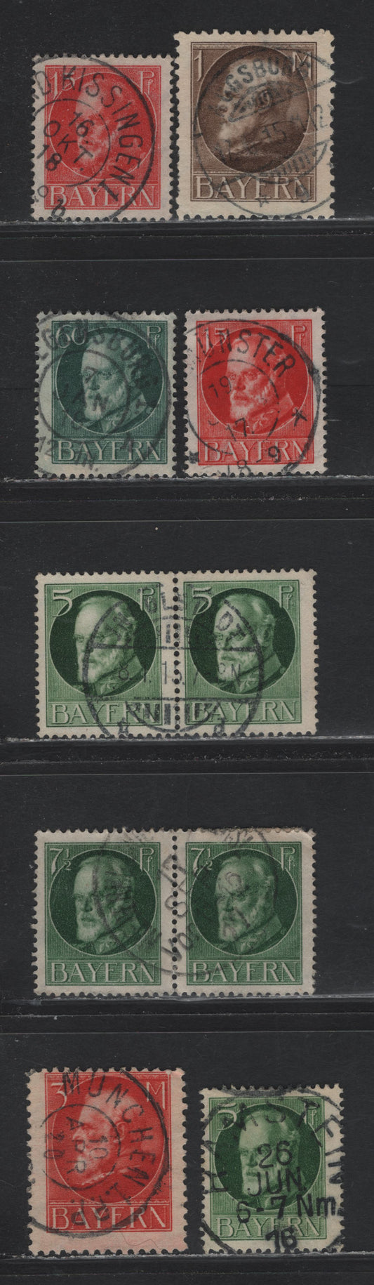 Lot 51 Bavaria SC#96a, 97, 100, 107, 109, 111 (112A, 113A, 115Aa, 102IIa, 104IIA, 106IIa) 5pf - 3m Dark Green - Scarlet , 1914-1920 Prince Ludwig III Issue, 6 Fine/Very Fine Used Pairs, Wartime Printings With Different SON Postal Cancels