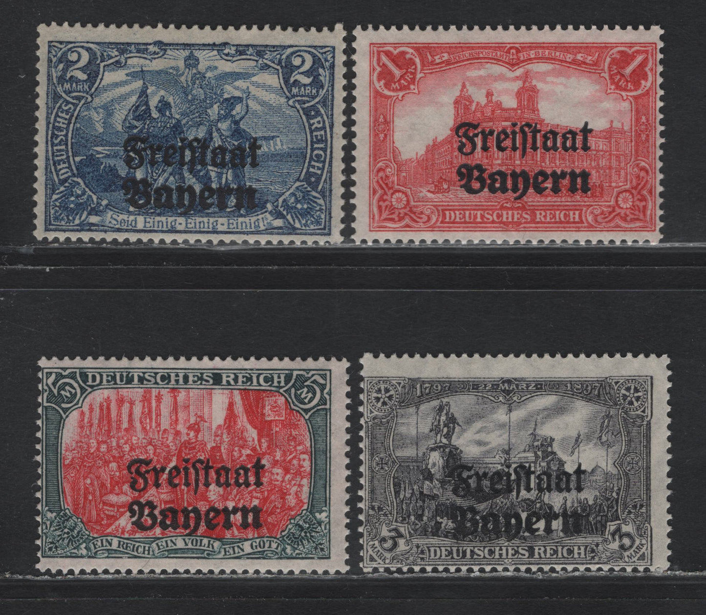 Lot 53 Bavaria SC#188-191 (148B, 149B, 150B, 151A) 1m - 5m Carmine Rose - Slate & Carmine , 1919 Free State Overprinted Issue, 4 F/VFOG Singles, All Except The 5m Mark Are 25x17 Holes, With The 5m Being 26x17 Holes