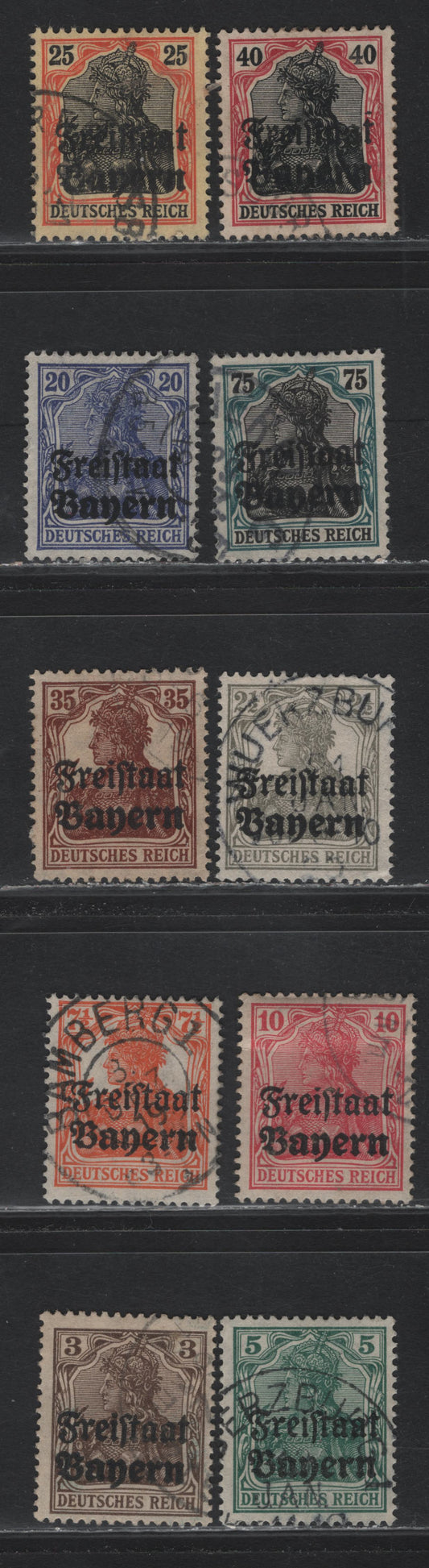 Lot 55 Bavaria SC#176-180, 182-186 2.5 - 75 Gray - Gray & Black , 1919 Free State Overprinted Germania Issue, 10 Fine/Very Fine Used Singles