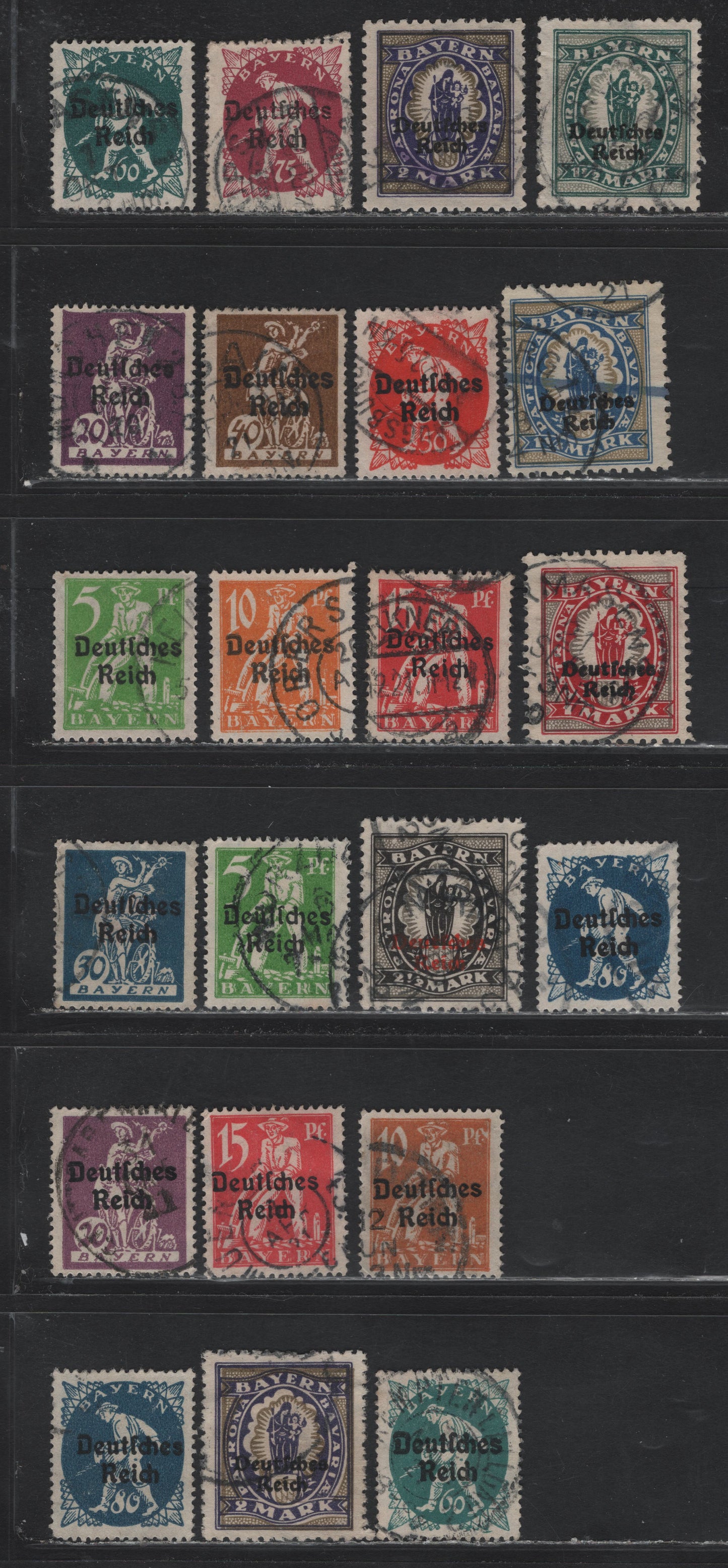 Lot 60 Bavaria SC#256/269 (119/132) 5pf - 2m Yellow Green - Violet & Olive Bistre , 1920 Deutches Reich Overprinted Plowman, Sower & Madonna Issue, Fine/Very Fine Used Singles, Shade Varieties