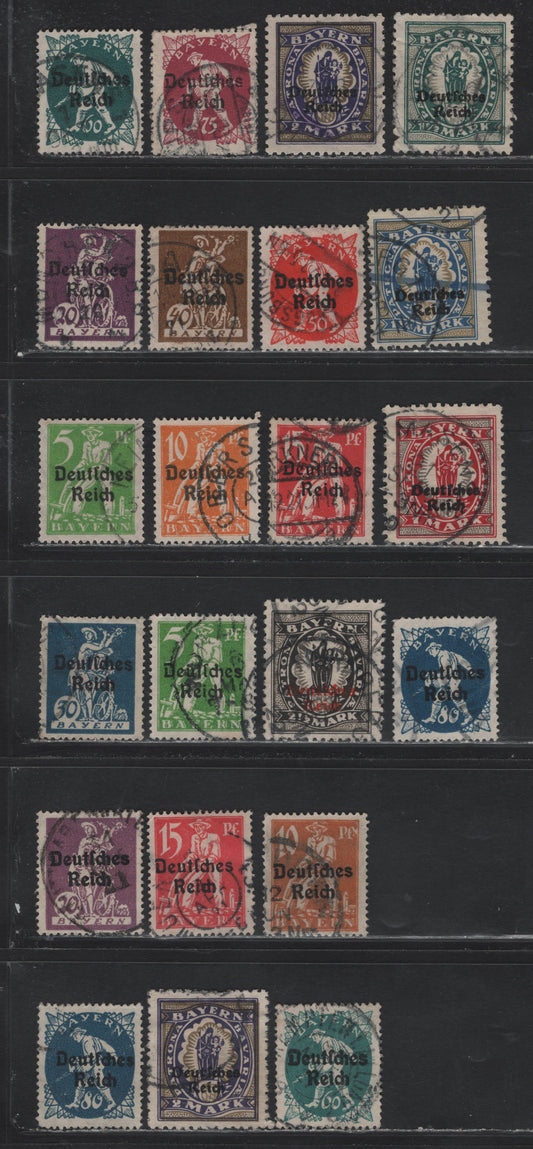 Lot 60 Bavaria SC#256/269 (119/132) 5pf - 2m Yellow Green - Violet & Olive Bistre , 1920 Deutches Reich Overprinted Plowman, Sower & Madonna Issue, Fine/Very Fine Used Singles, Shade Varieties