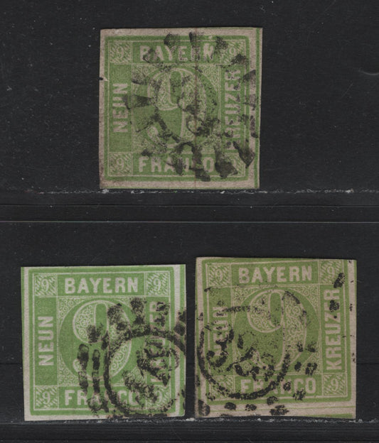 Lot 6 Bavaria SC#6 7kr Yellow Green , 1850-1862 Numeral Issue, 3 Very Good/Fine Used Singles, Plate 3, # 186 Closed (Gungkofen), #325 (Muntch) & #418 (Traunslein) Millwheel Cancels