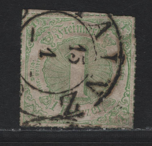 Lot 69 Thurn & Taxis SC#60 1kr Green , 1866 Numeral Issue, A Very Fine Used Single, Rouletted In Colored Lines, Jan 15 Mainz Cancel