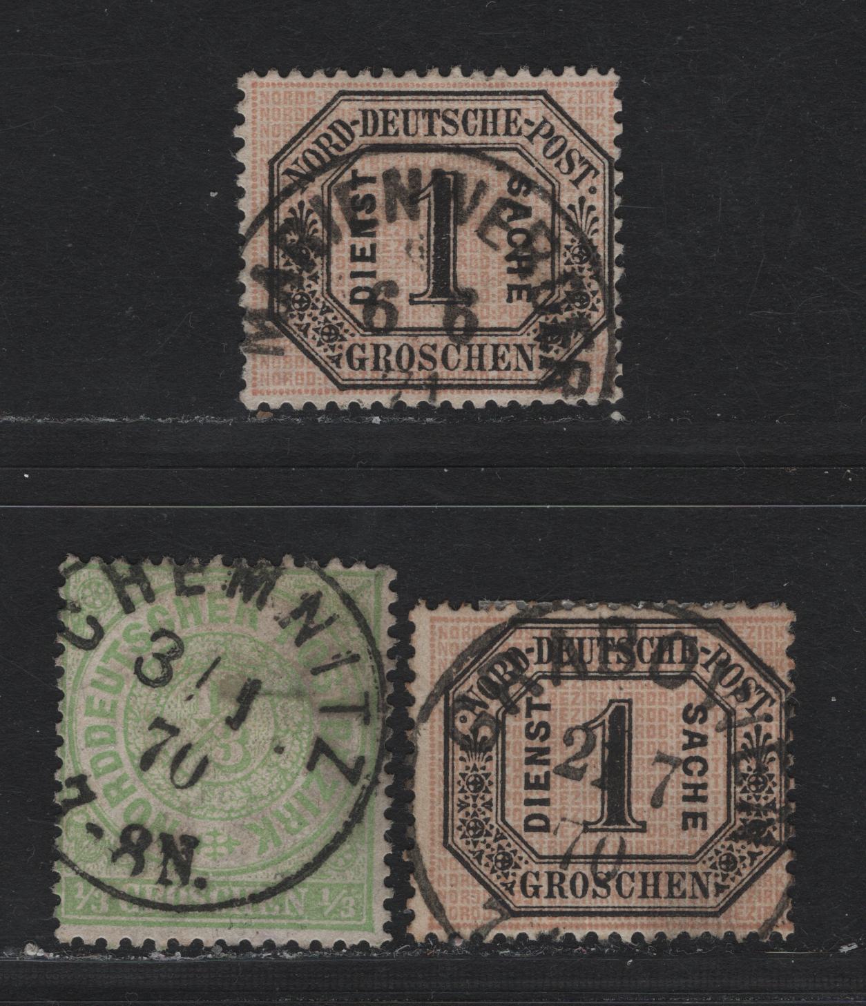 Lot 70 North German Confederation SC#2, O4 1/3gr - 1gr Green - Black & Buff , 1868-1870 Numeral - Official Issues, 3 Fine/Very Fine Used Singles, Jan 3 1870 Chemnitz, July 21 1870 Grabowen CDS & June 6 1871 Marienwerder CDS Cancels