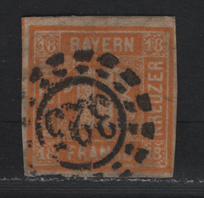Lot 7 Bavaria SC#8 (Michel# 7) 18kr Yellow Green , 1850-1862 Numeral Issue, A Fine Used Single, Clear To Full Margins, #325 Munich Open Millwheel Cancel