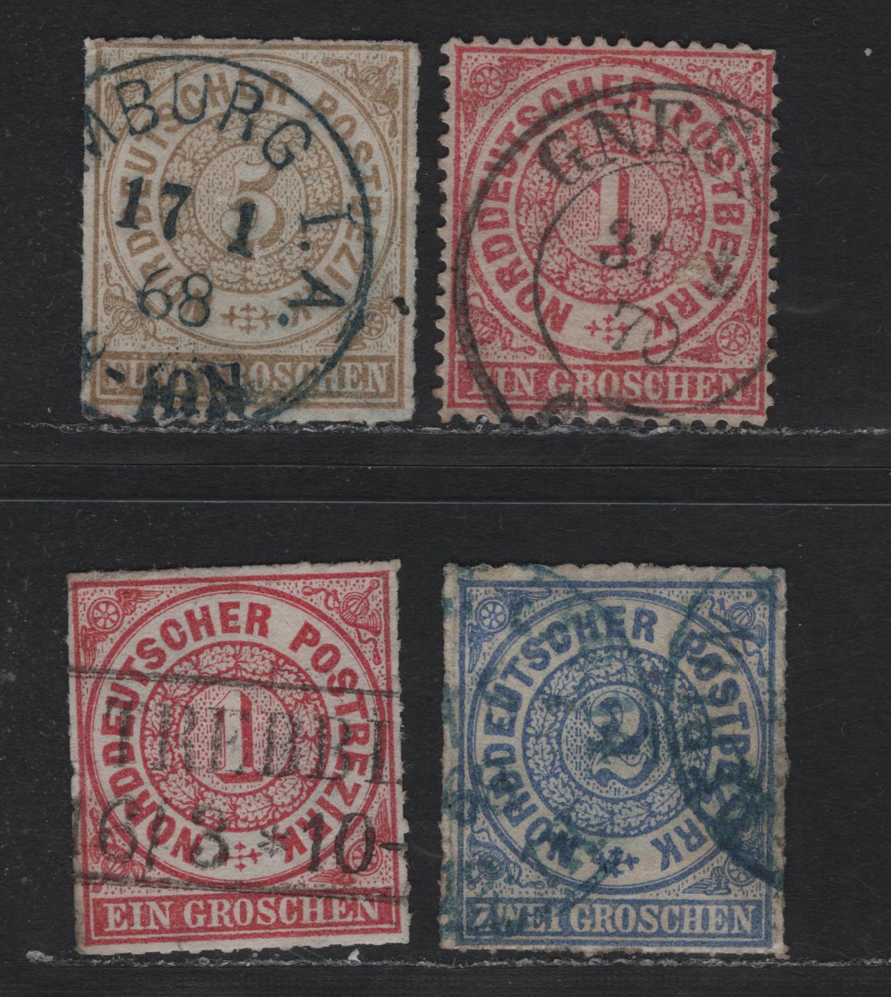 Lot 71 North German Confederation SC#4-6, 16 1gr - 5gr Rose - Bistre , 1868 Rouletted Numeral - Perforated Numeral Issues, 4 Very Fine Used Singles