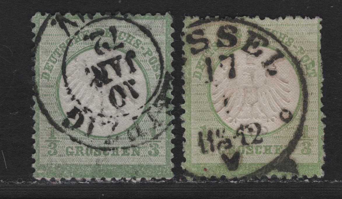 Lot 73 Germany SC#2, 2b (2a-b) 1/3gr Yellowish Green & Dark Grayish Emerald Green , 1872 Eagle With Small Shield Issue, 2 Fine Used Singles, January 10th 1872 Leipzig CDS