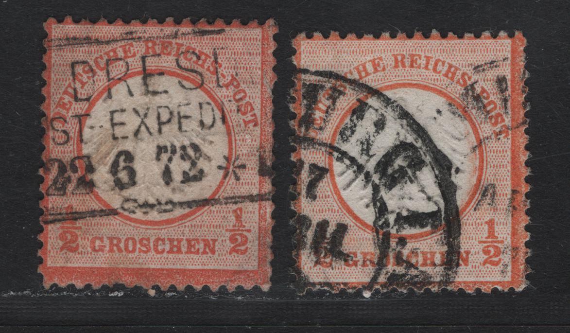 Lot 74 Germany SC#3 1/2gr Orange & Red Orange , 1872 Eagle With Small Shield Issue, 2 Fine Used Singles