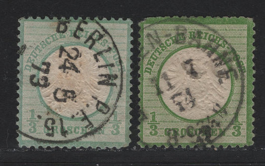 Lot 79 Germany SC#15-a 1/3gr Yellow Green & Blue Green , 1872 Eagle With Large Shield Issue, 2 Very Good/Very Fine Used Singles, Scarce Blue Green Has August 24 1873 Berlin CDS, Cheaper Yellow Green Has Pulled Corner At UL