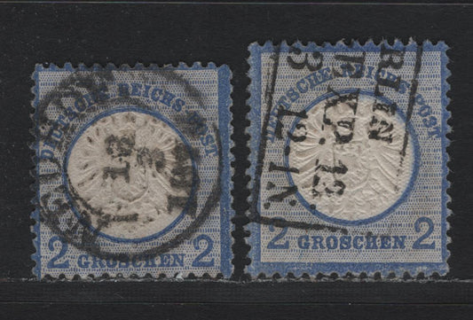 Lot 84 Germany SC#18 2gr Ultramarine , 1872 Eagle With Large Shield Issue, 2 Fine/Very Fine Used Singles, Boxed Berlin Cancel, Dated Dec 1874 & March 16 1874 Neuhof Cancels