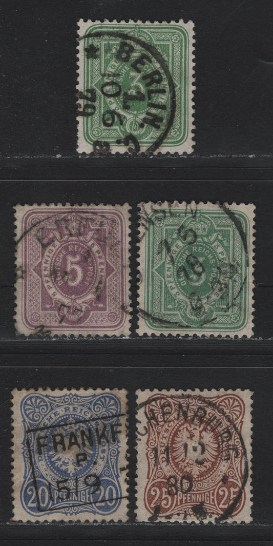 Lot 87 Germany SC#29,a, 30, 32-33 3pf - 20pf Bluish Emerald Green - Ultramarine , 1875-1877 Numeral & Eagle Issue, 5 Very Fine Used Singles, Dated CDS & Boxed Frankfurt Cancels