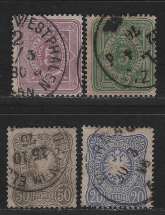 Lot 88 Germany SC#29-30, 32, 34 3pf - 50pf Bluish Emerald Green - Gray , 1875-1877 Numeral & Eagle Issue, 4 Fine Used Singles