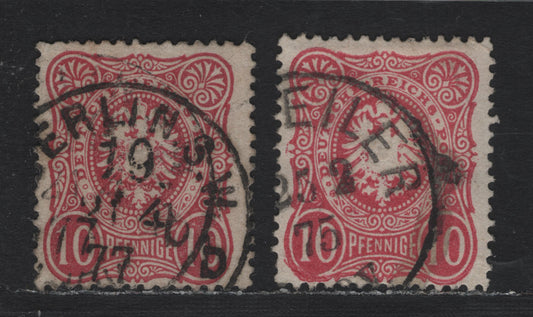 Lot 90 Germany SC#31 (33a, 33aa) 10pf Lilac Red & Dark Carmine Red , 1875-1877 Numeral & Eagle Issue, 2 Fine Used Singles, Scarce Shade, April 21 1877 CDS Cancel