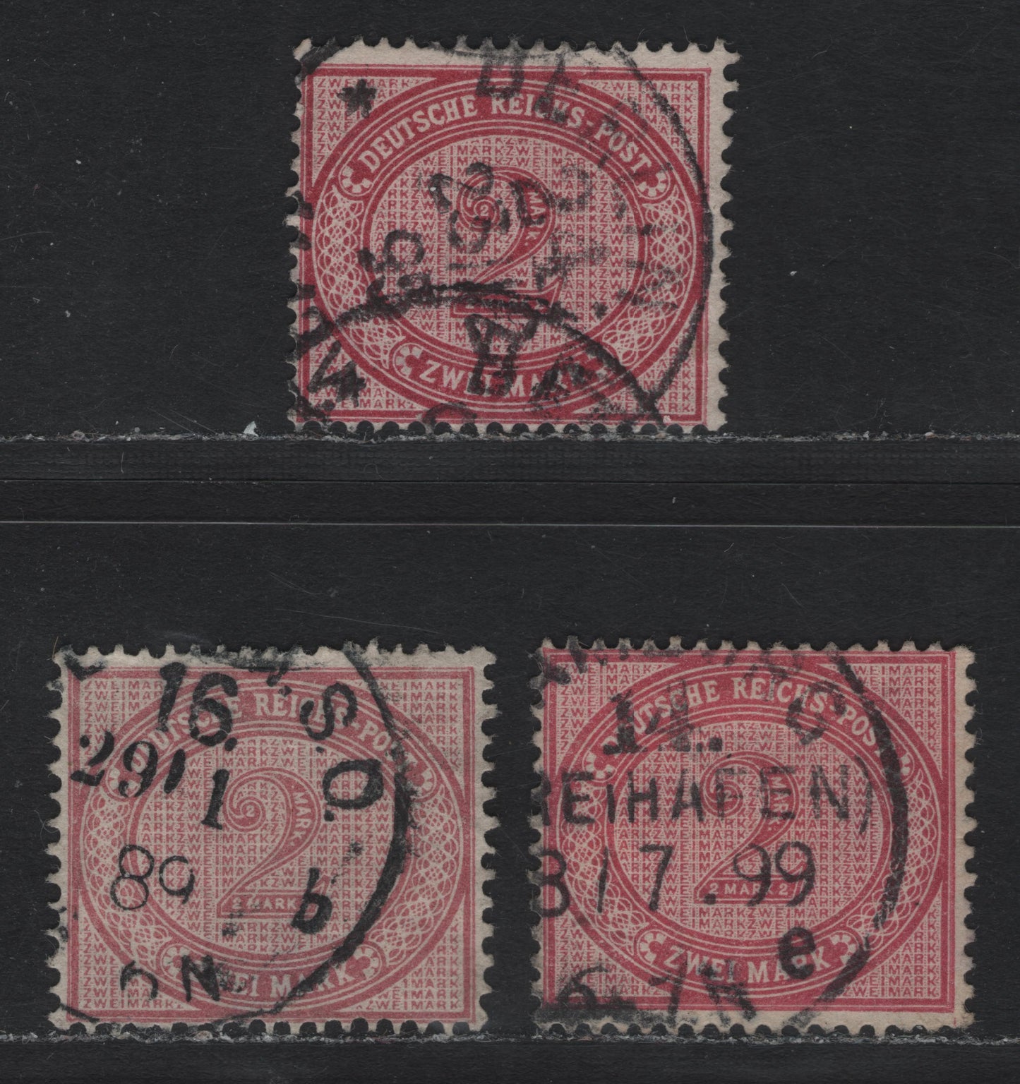 Lot 94 Germany SC#36,d (Michel 37b,e) 2m Brownish Purple & Lively Rose Lilac , 1875-1877 Numeral & Eagle Issue, 3 Fine Used Singles, Post November 1884 Printings, December 23, 1893, July 8 1899 & January 29 1889 CDS Cancels